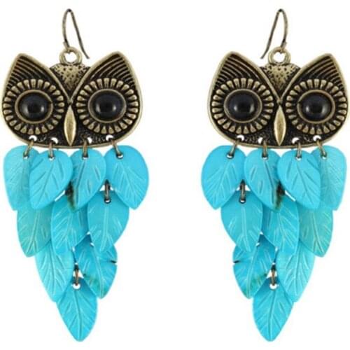 FYSL Antique Copper Wisdom Owl Shape Multi Layer Leaf Blue Shell Dangle Earrings for Women Charm Jewelry