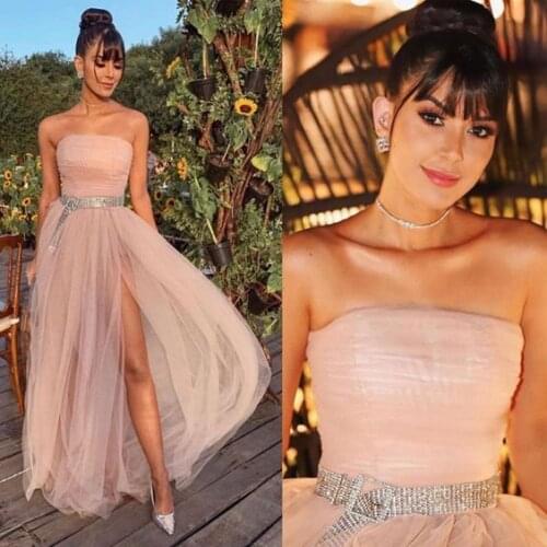 SuperKimJo Vestidos De Noite Strapless Pink Prom Dresses with Belt Cheap Simple Prom Gowns Vestido De Festa De Casamento