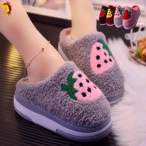 Cotton Slippers Womens High-heeled Winter Cute Strawberry Korean Style House Slippers Warm Net Red Bedroom Wear Non-slip