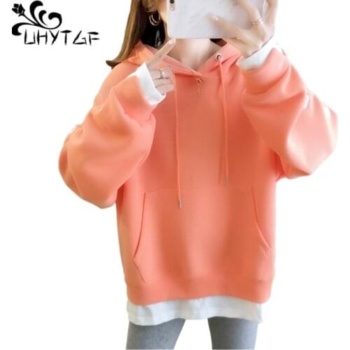 UHYTGF Cute Girl Spring Autumn Sweatshirt Fashion Stitching Fake Two Pullover Casual Tops Women Thin Coats Oversized Hoodies1981