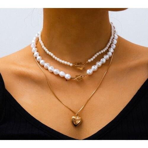 Vintage Multilayer Imitation Pearl Flower Heart Pendant Necklace Women Temperament Geometric Clavicle Necklace Jewelry Kolye