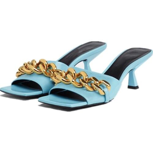 2021 New Summer Square Toe Sandals Women High Heels Slippers Sexy Chain Decoration Shoes Women Fashion sandalias de las mujeres