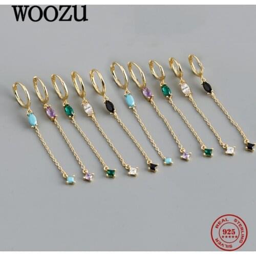 WOOZU Real 925 Sterling Silver Minimalist Square Colourful Zircon Drop Earrings For Women Party Girl Gothic Rock Jewelry Gifts