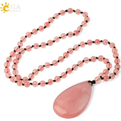 CSJA New 6mm Watermelon Crystal Long Necklaces Water Drop Oval Pendant Knotted Rope Sweater Chain for Women Fashion Jewelry G362