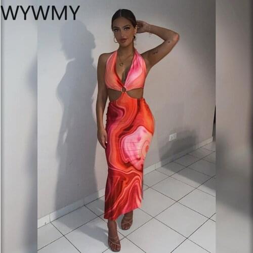 WYWMY Summer Woman Dress 2021 Tie Dye Lace Up Hollow Out Backless Chic Long Dresses Sexy Split Halter Beach Holiday Party Dress