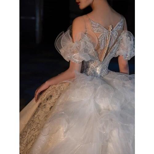 Long Sleeve One - Word Shoulder Main Wedding Dress 2021 New Summer Bride Temperament V Collar Heavy Industry Luxury Large Tail