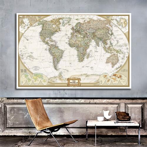60x90cm Vintage The World Physical Map Fabric Classic Edition Map of The World Poster Travel Gift for Living Room Wall Decor