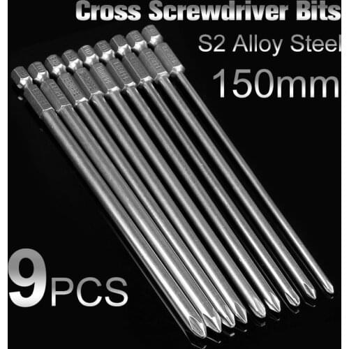 HOEN 9pcs 1/4 Inch 6.35mm Shank S2 Alloy Steel 150mm Long Magnetic Hex Screwdriver Bit Set Magnetic Philips Screwdriver Set