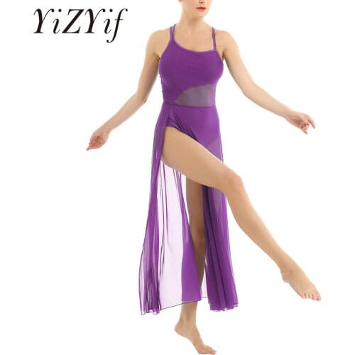 Women Adults Lyrical Dance Costumes Sleeveless Asymmetrical See Through Sheer Mesh Ballet Dance Dress with Built-In Leotard