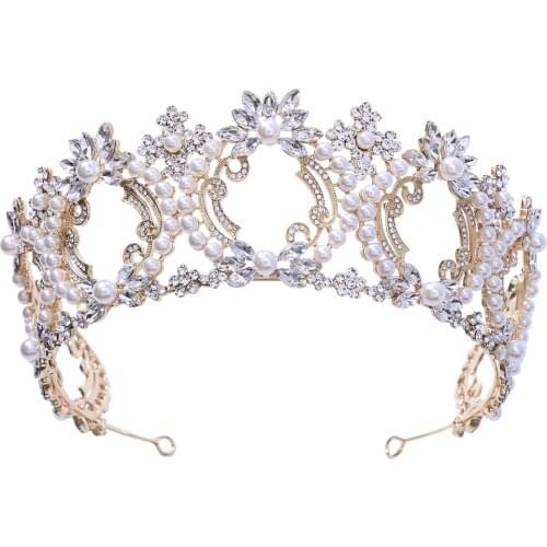 Pearl Big Crown Bridal Wedding Headdress New Handmade Crown Full Circle Hollow Round Crown Hair Jewelry Beads Hair Accessories