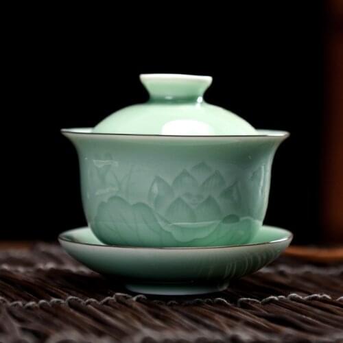 Longquan celadon covered bowl, ceramic tea cup, kungfu tea set, home Handmade Large Single Sancai tea bowl