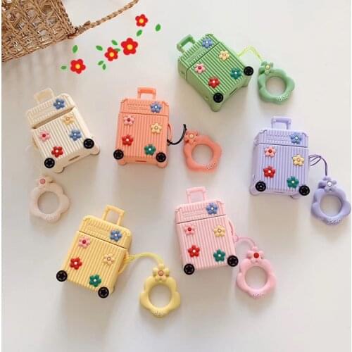 DHL Flower Suitcase Trunk Luggage Case For Apple Airpods 2 Bluetooth Wireless Earphone Protective Cover with Finger Ring Strap