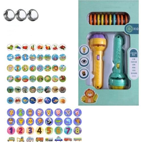 Kids Fun Projector Torch Cartoon Animal Fruit Educational Light up Toys Baby Flashlight Story Book Fairy Tale Projection Lamp