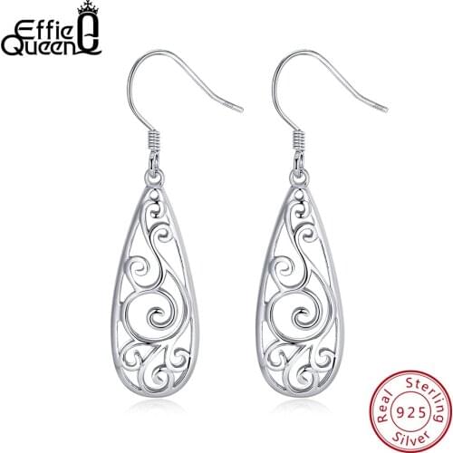 Effie Queen Trendy Exquisite Real 925 Sterling Silver Women Earrings With Water Drop Shape Hollow Earring Jewelry Gift BE80