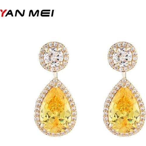 YANMEI Classic Yellow Zircon Stud Earrings Delicate Water Droplets Sparkling Ladies Jewelry YME9508