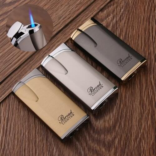 Creative Flat Portable Ultra-thin Plating Metal Gas Lighter Butane Inflatable Windproof Cigarette Lighter Blue Flame