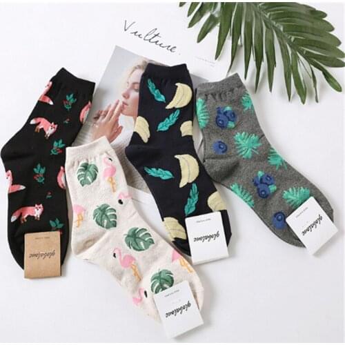 Fashion Korean Spring Summer Cotton Short Women Socks Flamingo Print Harajuku Cute Funny Socks Female Meias