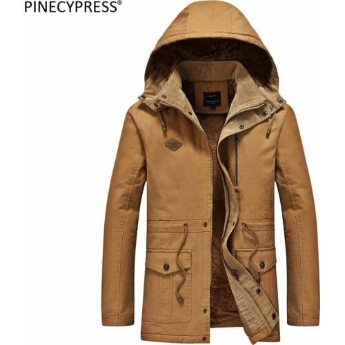 100% Cotton Man Jacket Winter Fleece Thick Hooded Buttons Male Coat New Pockets Zipers Belt Khaki Green Black Men Jackets Trench