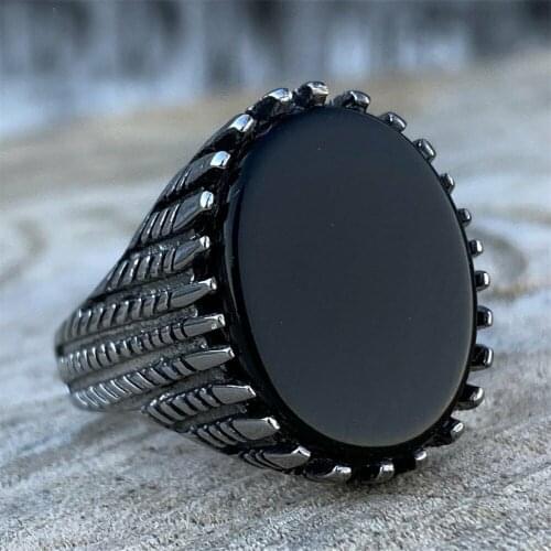 Mens Stainless Steel Fashion Art Deco Black Onyx Stone Ring Men Size 7-13