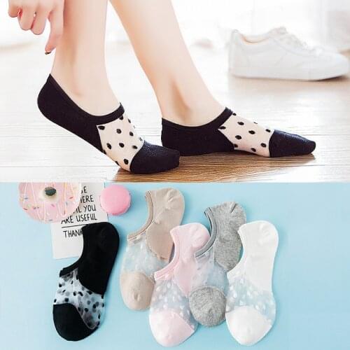 3 Pairs Women Summer Cotton Transparent Socks Lace Mesh No Show Socks Non-slip Silicone Black White Female Thin Invisible Socks