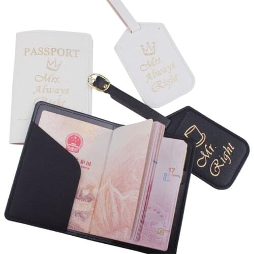 Q1QA 1Set PU Leather Luggage Bag Tag Mr./Mrs. Passport Case Cover Wallet for Couples Honeymoon Travel Organizer