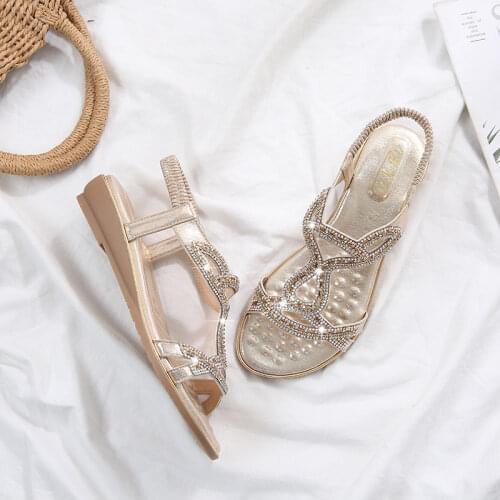 Akexiya New Women Sandals Summer Flat Heel Bohemian Sandals Rhinestone Mixed Color Ladies Elastic Band Open Toes Beach Shoes