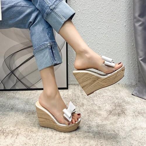 Wood heels bow-knot flower clear sandals women open toe pantuflas thicken wedges super high heels sandalias girls platform shoes