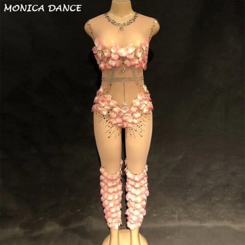 Sexy Stage Rose Flower Mesh Perspective Jumpsuit Glisten Evening Costumes Womens Prom Birthday Celebrate Pink Dance Jumpsuit