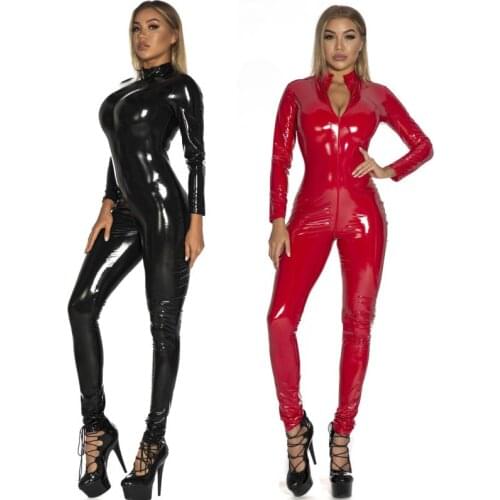 AIIOU Sexy Lingerie Wetlook Faux Leather Catsuit PVC Latex Bodysuit Zipper Open Crotch Jumpsuit Female Slim Erotic Sex Costumes