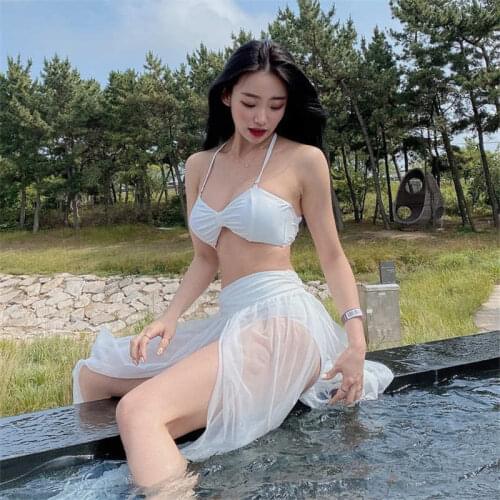 South Korea Pure White Temperament Sexy Hanging Neck Collocation High-Waist Shorts Through Gauze Long Skirt Bikini Vacation Swim