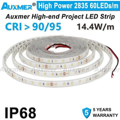 High Power 2835 LED Strip,60LEDs/m,14.4W/m,IP68,CRI90/95,DC12V/24V,Waterproof,Red Green Blue Amber Yellow Pink