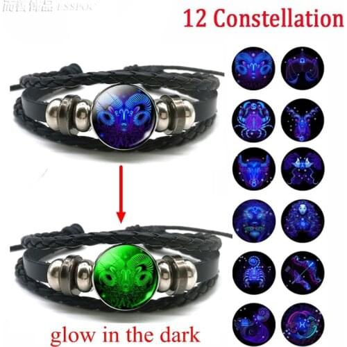 Aries Gemini Leo Libra Scorpio 12 Constellation Luminous Bracelet Leather Bracelet Zodiac Sign Jewelry Bracelet for Men Women