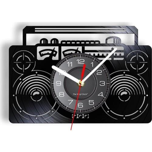 Boombox Radio Vinyl LP Record Wall Clock Ghetto Blaster Audio Art Hip Hop Dancer Vinyl Music Disks Wall Watch Music Studio Decor