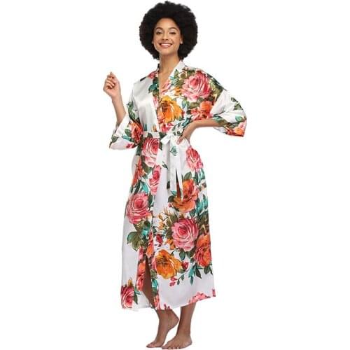Witbuy Autumn Night Wear Robe Women Casual Satin Kimono Intimate Sleepwear Coat Print Belt Mid-Calf Long Bridesmaids BathRobe