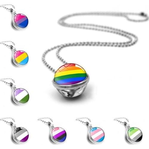 Gay Pride Jewelry with Glass Cabochon Rainbow Pattern Glass Ball Double Side Pendant Long Necklace for Men Women