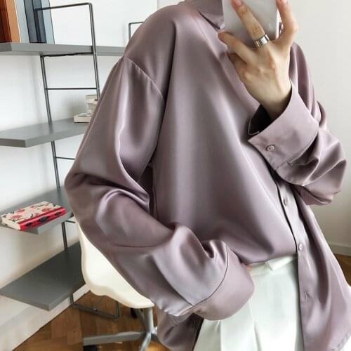 2021 Spring Office Ladies Elegant Button Up Silk Blouses Women V-Neck Satin Blouse Shirt Women Spring Pocket Long Sleeve Shirts