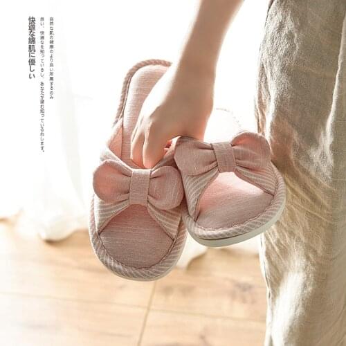 Womens Bow Slipper Breathable Cotton Linen Floor Home Indoor Non-Slip Eva Soft Sole Shoes Wear-Resistant Winter Slippers