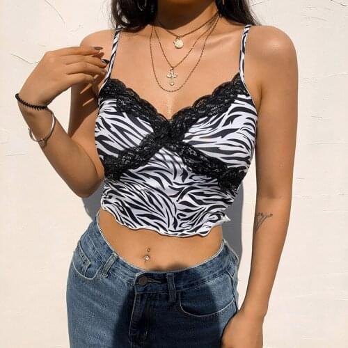 Patchwork Lace Sexy Low Cut Tank Top Women Zebra Print Spaghetti Strap Crop Top Streetwear Camis Y2k E-girl V-neck Summer Party