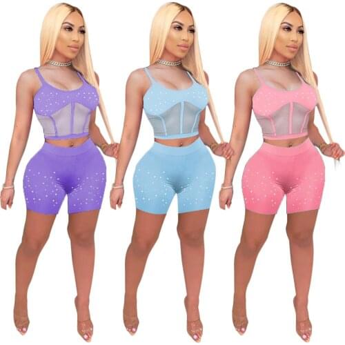 Sexy Corset Tracksuit 2 Pieces Shorts Sets with Rhinestones Women Patchwork Mesh Crop Top and Biker Shorts 2021 Summer Clothes