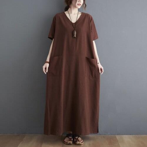 2021 New Arrival Short Sleeve Loose Summer Dress V-neck Cotton Linen Vintage Dress Robes Plus Size Women Travel Casual Dress