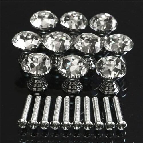 10Pcs/Set 20mm Crystal Glass Clear Cabinet Knob Drawer Pull Handle Kitchen Door Decoration Wardrobe Hardware Crystal+Zinc Alloy