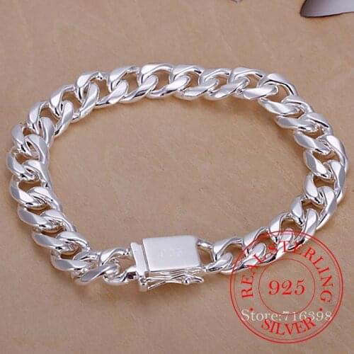 925 sterling silver 10MM Square Buckle Nice Jewelry Men Bracelet 21CM Sideway Link Chain Bracelet Male Bangle Pulseiras de Prata