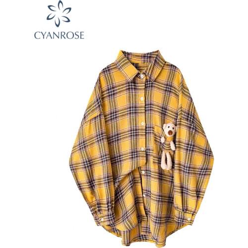 Women Blouses Turn-down Collar Autumn Shirts Plaid All-match Casual sleeve Loose Outwear Harajuku Female 4 Colors Chic Tops