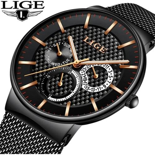 LIGE Fashion Mens Watches Top Brand Luxury Quartz Watch Men Casual Slim Mesh Steel Date Waterproof Sport Watch Relogio Masculino
