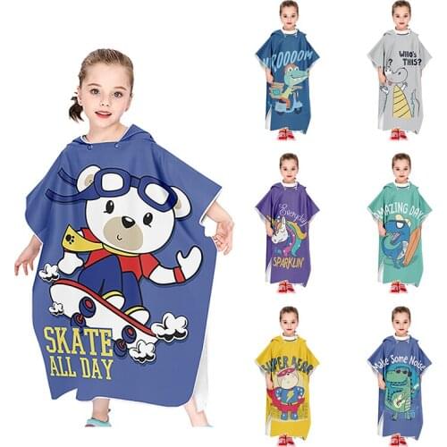 Kids Changing Cloak Fashion Beach Hooded Bathrobe Animals Print Microfibre Beach Pareo Boys Girls Super Absorbent Beach Towel