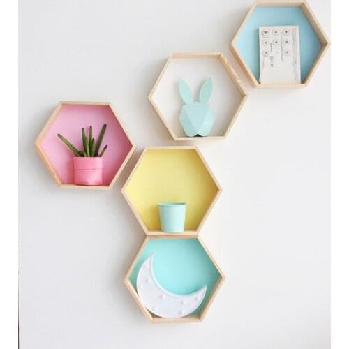 Hot Wood Hexagon Wall Decoration Baby Room/bedroom Candy Organization Hanger Photography Props Shelves Storage Decor Polygon Box
