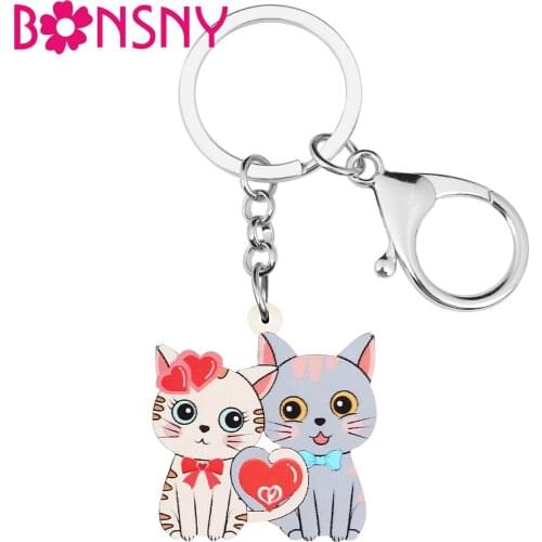 BONSNY Valentines Day Acrylic Sweet Heart Couple Cat Kitten Keychains Ring Novelty Purse Key Chain Gift Jewelry For Women Girls
