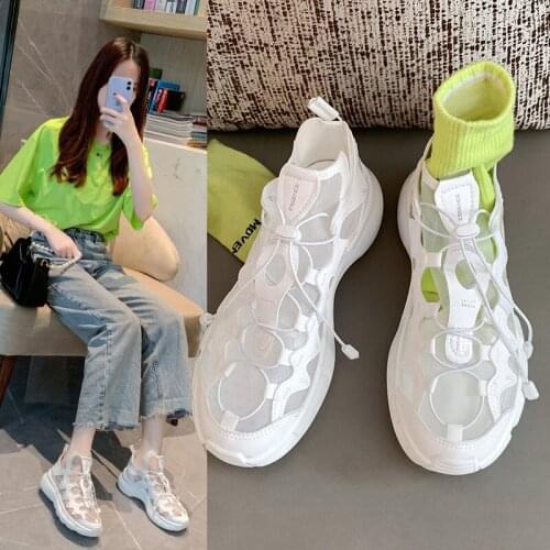 Summer New Style Mesh Soft Sole Comfortable Lightweight Lace-Up Hollow Casual Sports Shoes Ladies Single Shoes