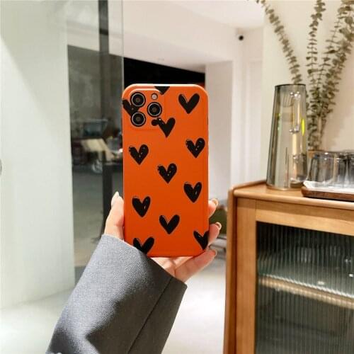 Fashionable Orange Black Heart Case for iPhone 12 Pro Max Back Phone Cover for 12 11 Pro Max X XS XR 8 7 Plus SE 2020