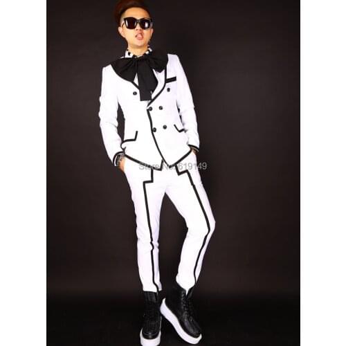 Hot Mens New Dress Bar Nightclub Singer Korean Suits Male Dj Chi Long Gd Right Blockb White Black Stripe Big Bow Suit Costumes